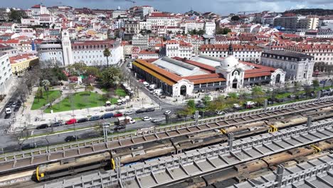 lisbon skyline at lisbon in lisbon district portugal. railroad scenery. public transport. lisbon skyline at portugal. historical city landscape. shore panoramic view. portugal skyline.