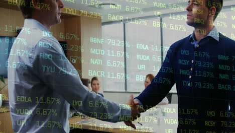 Shaking-hands,-business-people-with-stock-market-data-animation-in-office