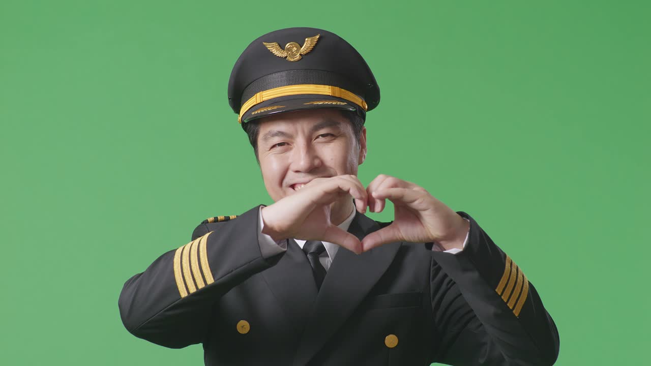 웃는 조종사가 손으로 심장 모양을 하고 있다