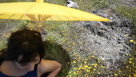 una mujer con un paraguas yace en un campo