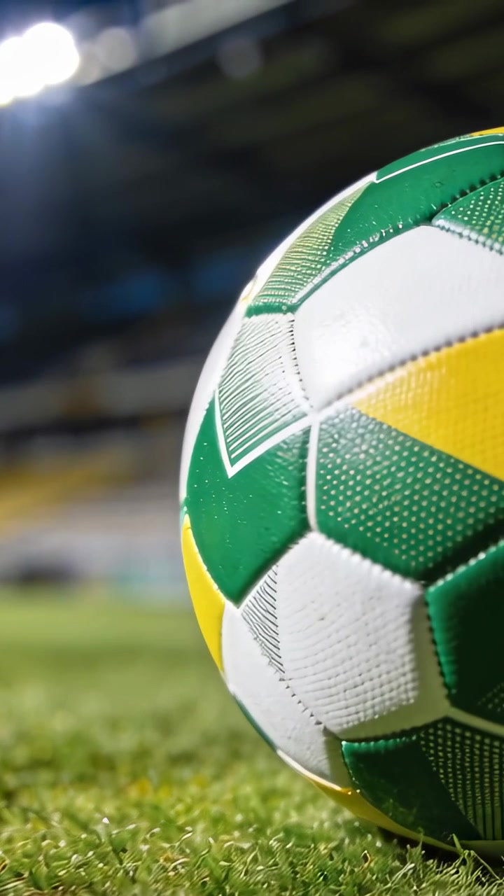 Dikey video: Stadyum sahasının sağındaki yeşil futbol topuna yaklaşan hareketli kamera, boş alan.