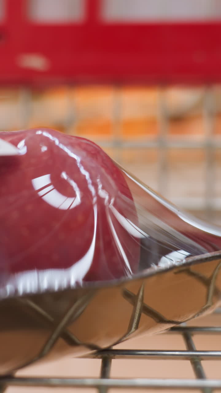 mele confezionate in un carrello della spesa in movimento, catturato in un centro commerciale. la scena enfatizza l'atto di fare la spesa, con una vista dinamica e coinvolgente fornita da una telecamera portatile