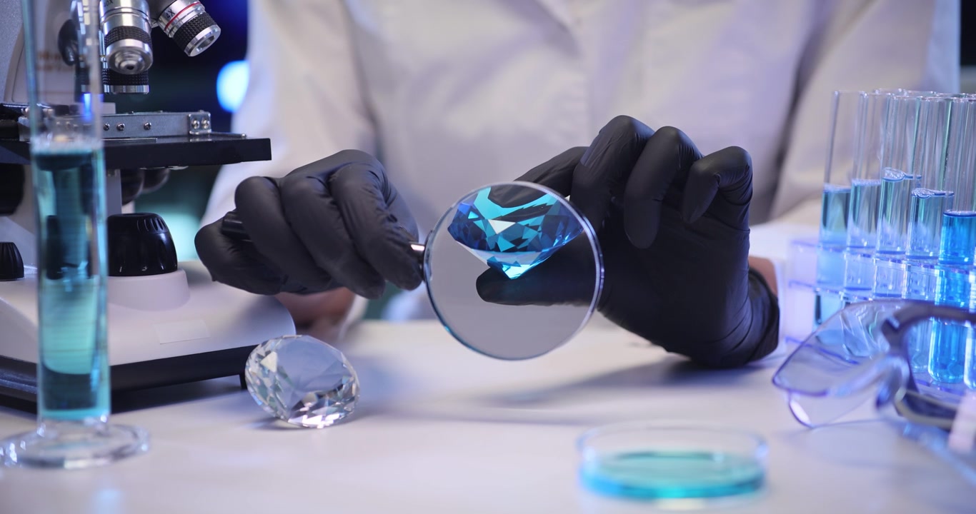 Científico inspecciona diamante azul con lupa en laboratorio
