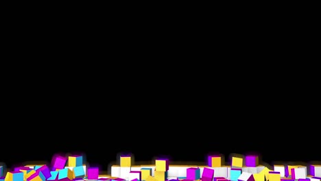 white wall made up of cubes collapses showing the colors on the other yellow, blue and red faces of the cubes. includes alpha channel. 3d animation