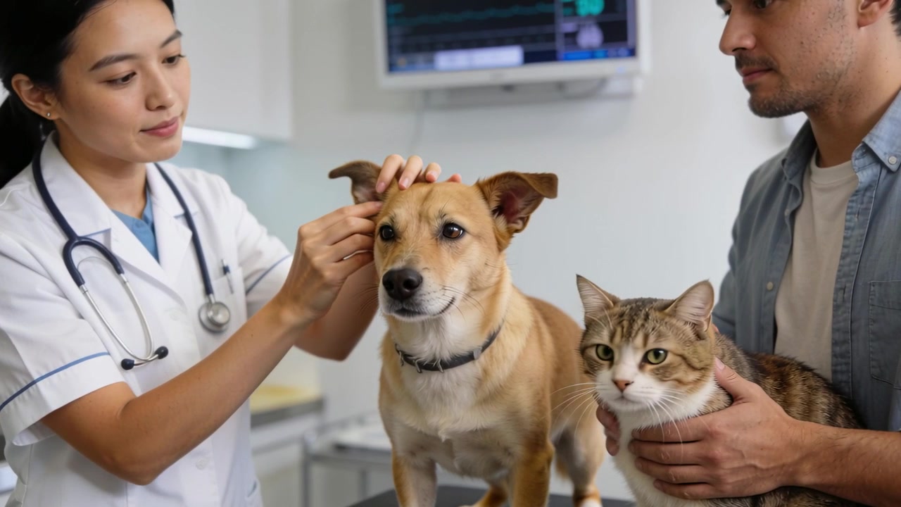 Placing dog and cat on exam table, owner initiating clinician doing routine ear exam, white coat