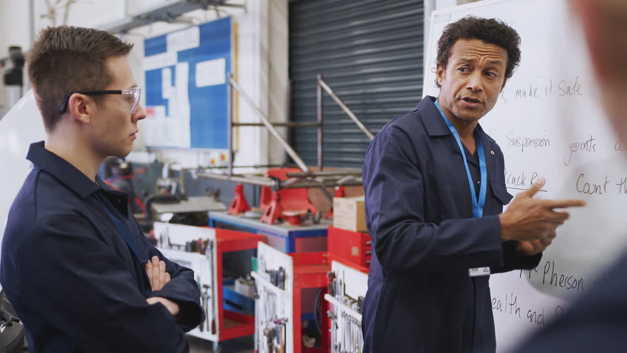 Male Tutor By Whiteboard With Students Teaching Auto Mechanic Apprenticeship At College