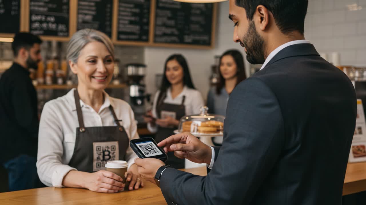 A Modern Coffee Shop Interaction: Customer Paying with a Mobile Device and Friendly Barista Providing Excellent Service in a Warm Atmosphere
