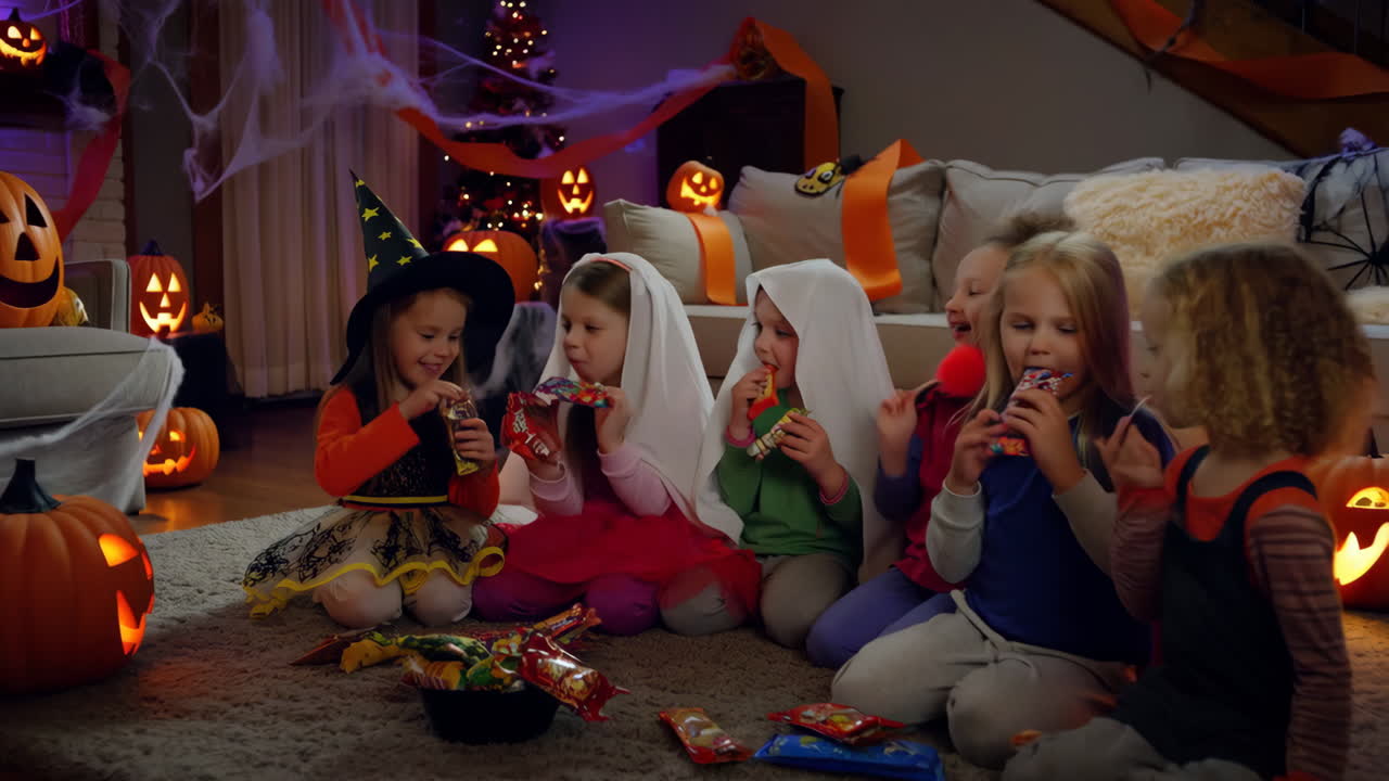 Kids in Halloween Costumes Enjoying Candy at a Spooky Party