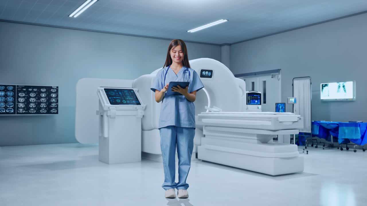 Figura intera di dottoressa asiatica che usa un tablet mentre è in piedi accanto a una macchina per la risonanza magnetica