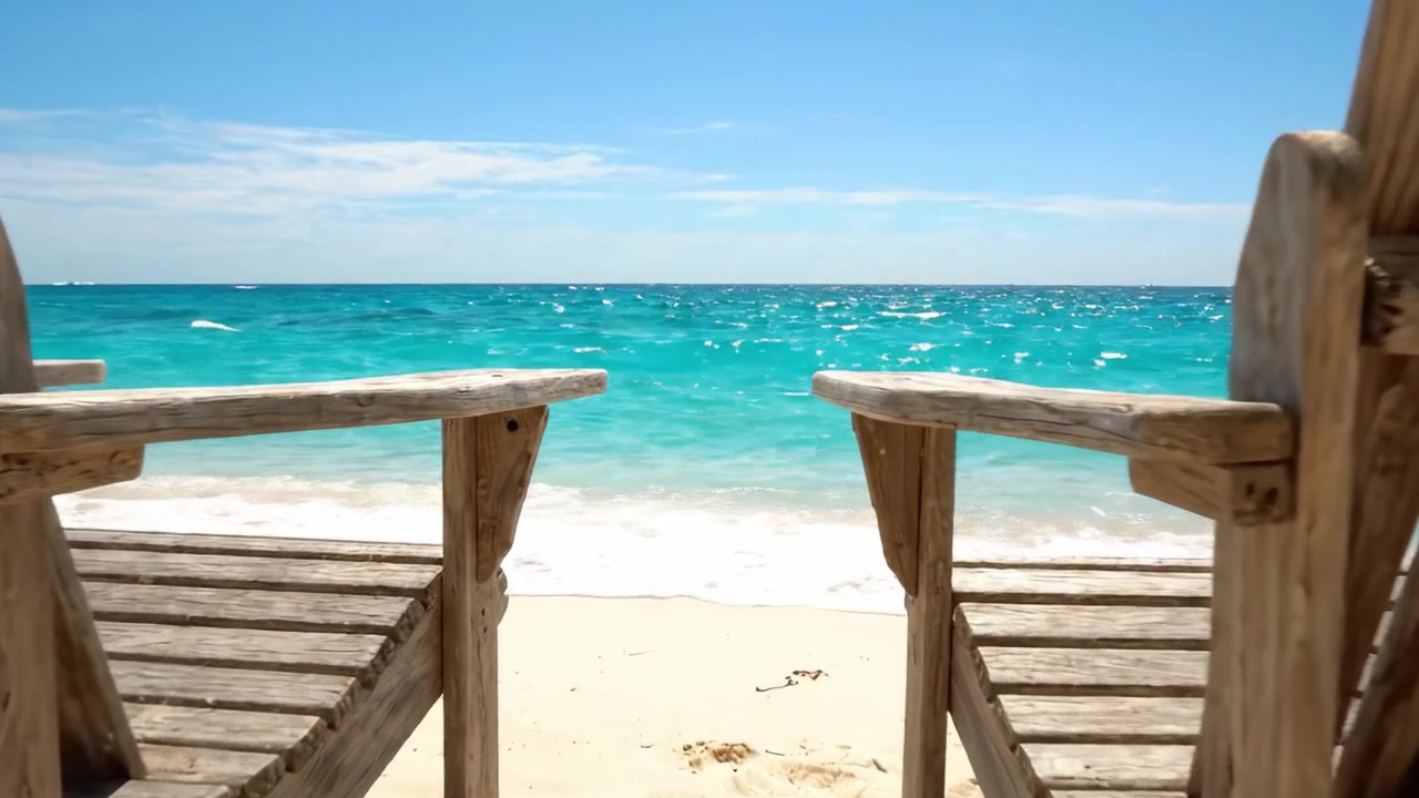 Eine ruhige Strandauszeit: Leere Holzstühle warten auf Entspannung an den friedlichen Meereswellen unter klarem Himmel.