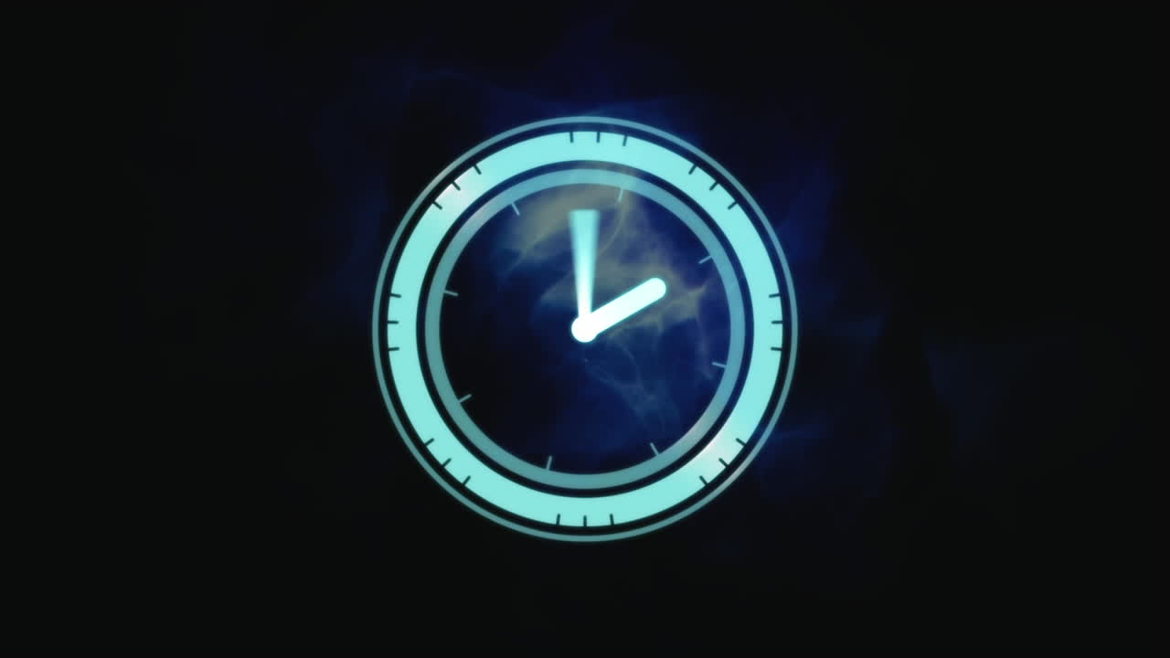 animación del reloj sobre ondas azules en fondo oscuro