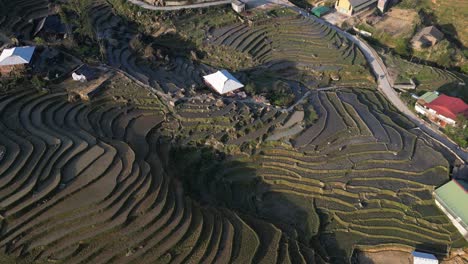 Aerial-drone-shot-of-villages-amidst-bright-green-rice-terraces-in-the-mountains-of-Sapa,-Vietnam