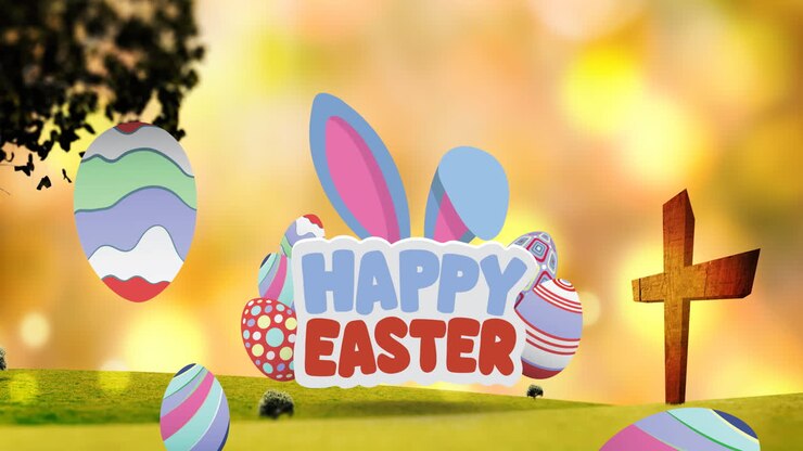 Animation of happy easter text with easter bunny ears, easter eggs and christian cross