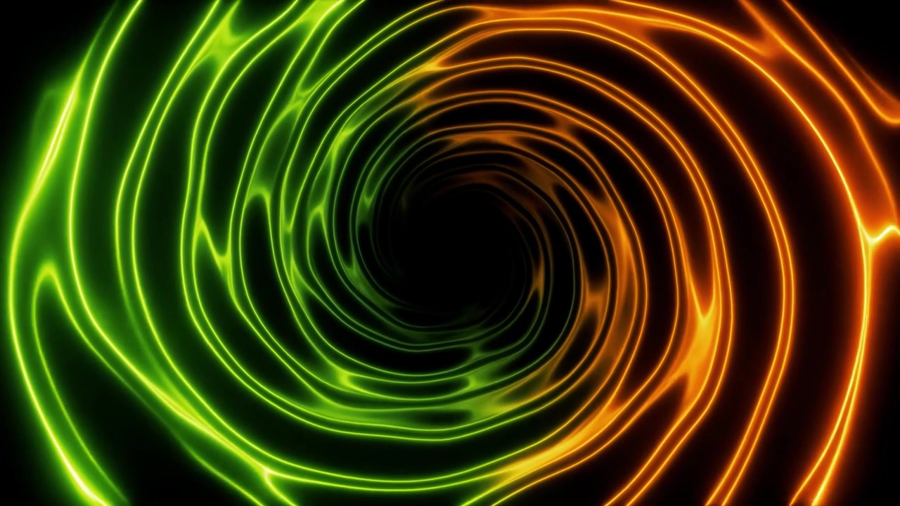 Vortice luminoso dinamico con linee neon verdi e arancioni