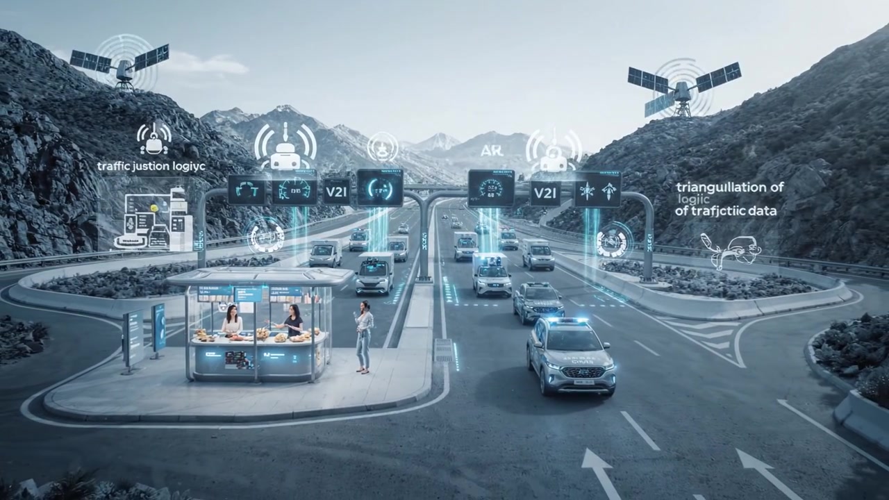 Sistema avanzato di gestione del traffico con veicoli connessi che utilizzano la tecnologia 5G per una comunicazione e sicurezza migliorate sulle strade in un paesaggio montuoso.