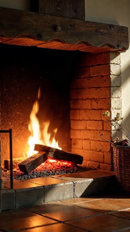 cozy fireplace with burning wood