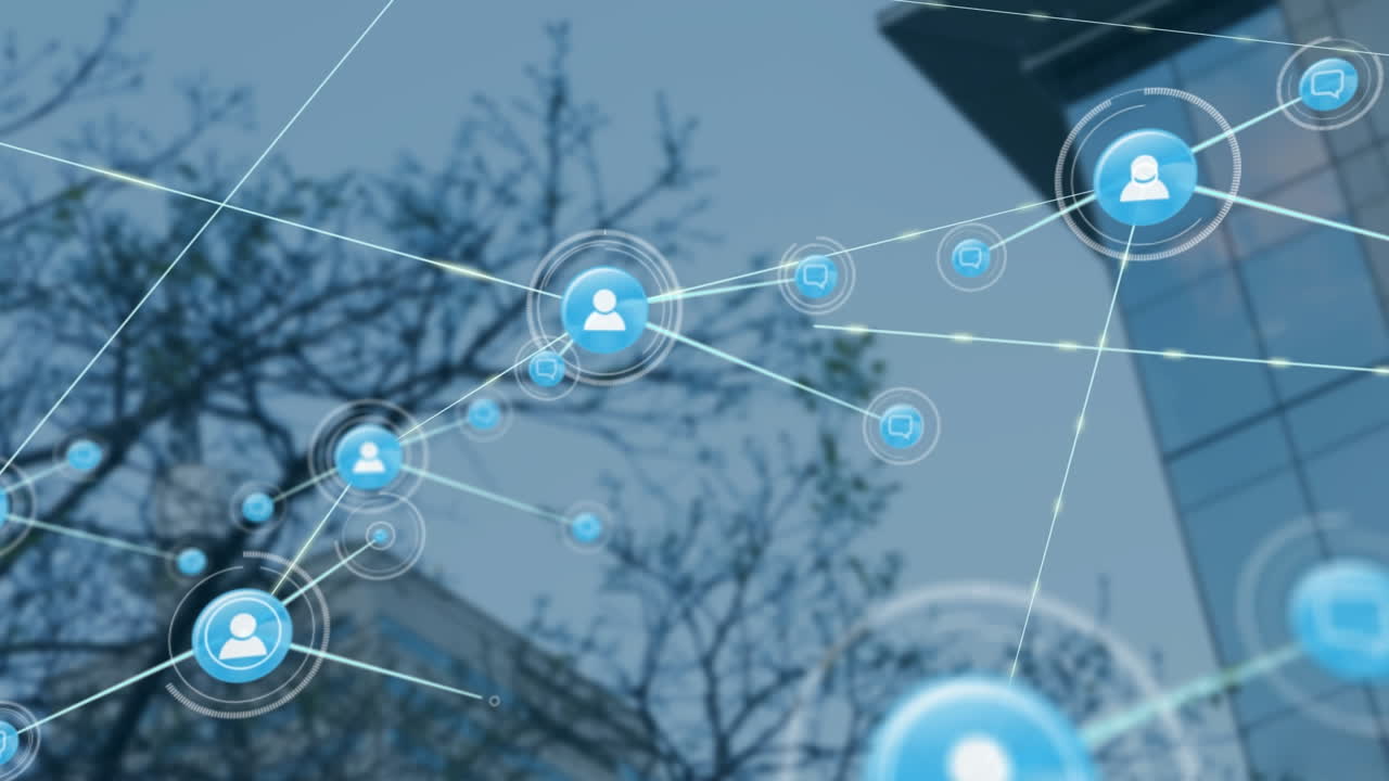 Animation of networks of connections over modern building