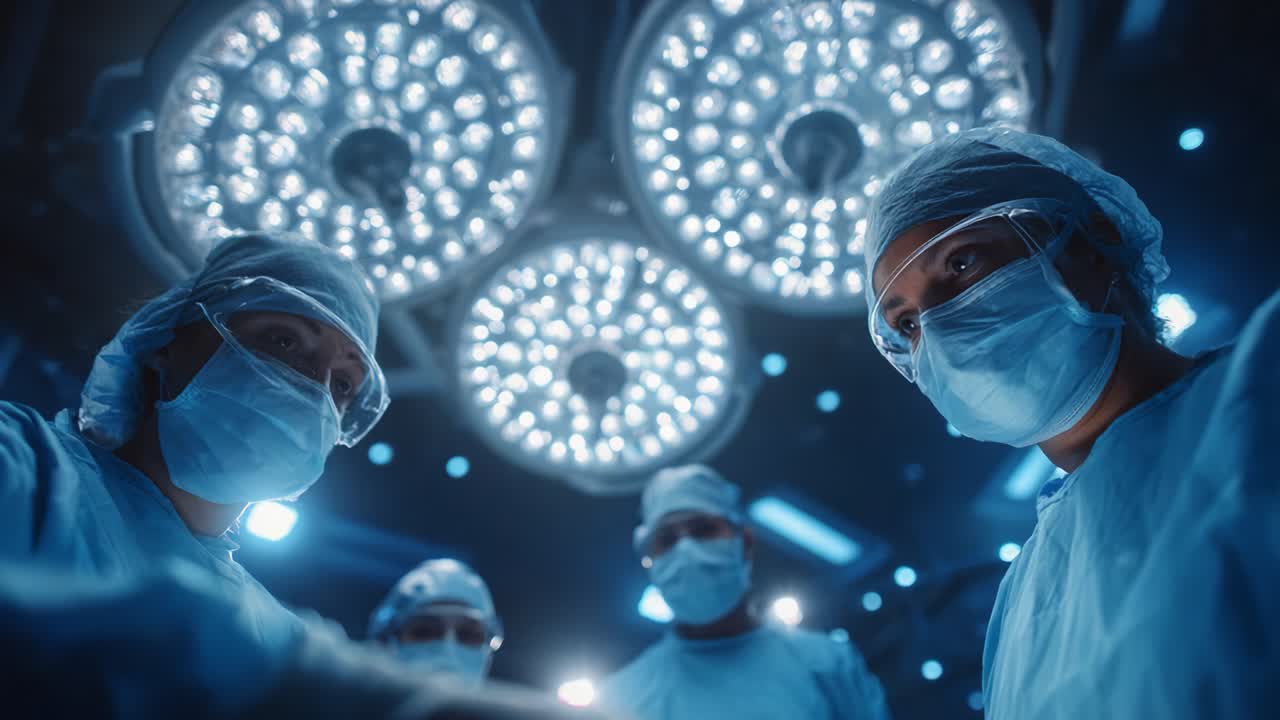 A team of skilled medical professionals in surgical attire intently focused on performing a complex procedure under bright surgical lights in a state-of-the-art operating room