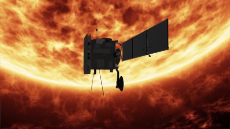 dramatic 3d cgi animated render of the solar orbiter spacecraft in orbit around the sun as it spins slowly, with the sun's surface and dramatic solar flares in the background