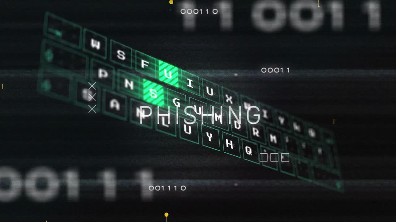 Animation of keyboard cutout on phishing text, binary code, glitch technique, circuit board pattern