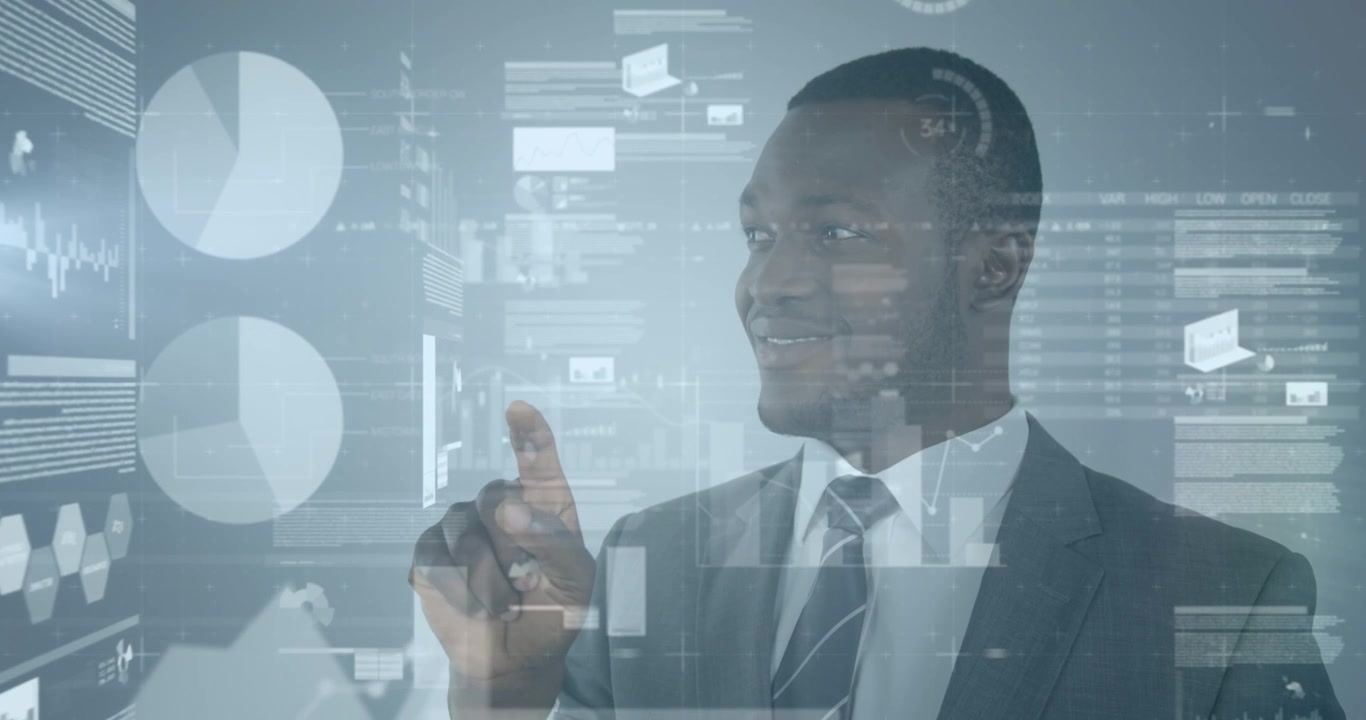 Statistical data processing against african american businessman touching an invisible screen