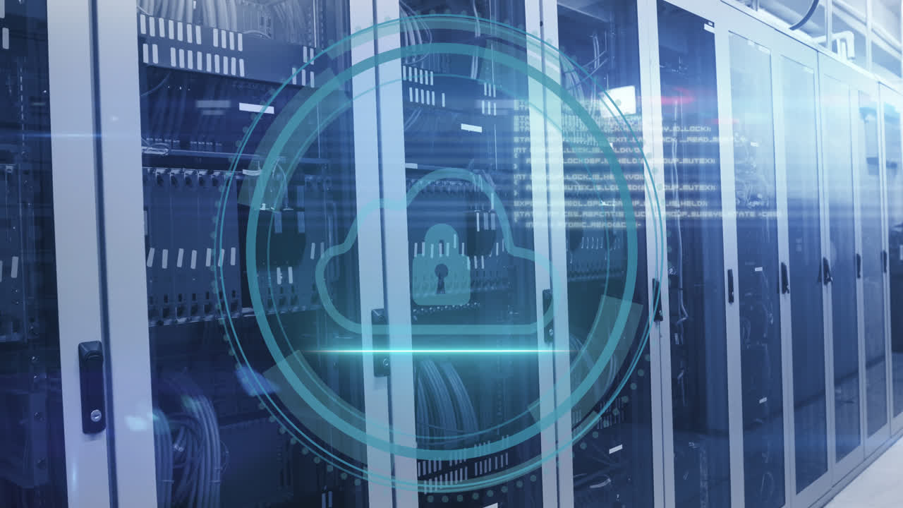 Animation of data processing and padlock over server room