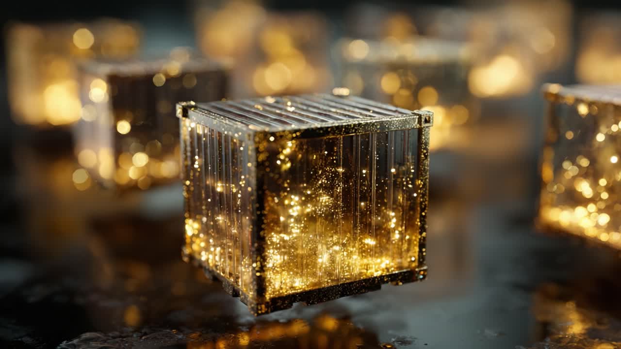 Magical transparent container levitating over a dark reflective surface, filled with a swarm of glowing golden particles that create a brilliant and enchanting display of light and motion