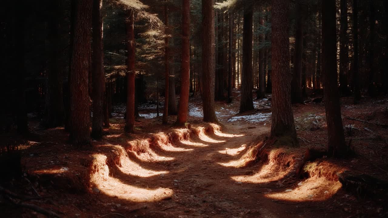 A Serene Path Through a Mystical Forest: Sunlight Cascades Over Curved Roots Illuminating the Trail Alongside Towering Trees in a Peaceful Atmosphere