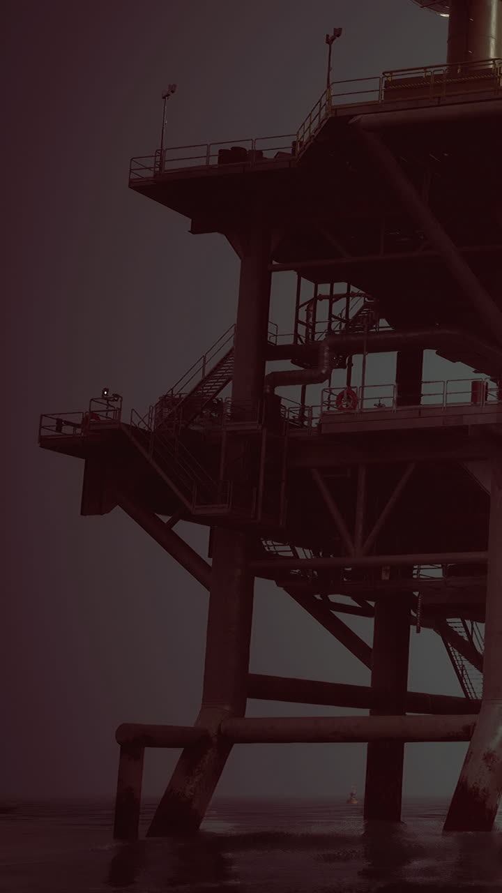 Olieplatform står i havet i de tidlige morgentimer ved solopgang.