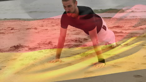 persona haciendo flexiones en la playa sobre la animación de la bandera alemana