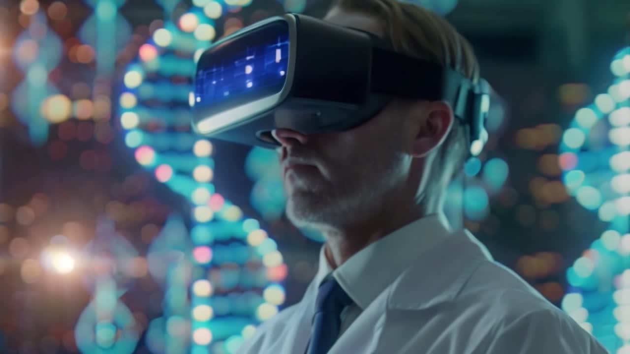 Scientist using VR headset for biotechnology and DNA research