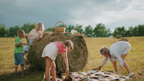 loved ones enjoy outdoor fun in open field with picnic, playful kids, and happy dog, sunlight creates warm atmosphere as family bonds, spreads blankets, and shares joyful moments