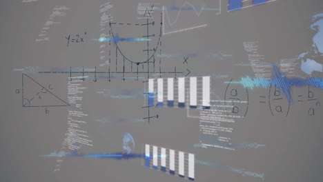 animation of mathematical equations and data processing on white background