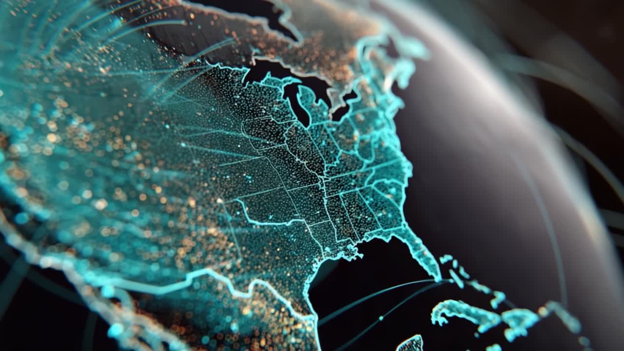 A Stunning Close-Up of a 3D Digital Map Displaying the United States with Bright Geometric Patterns and Multicolored Data Points Representing Urban Areas