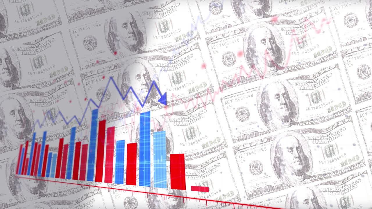 Animation of financial data processing over american dollar bills