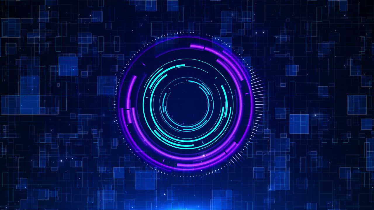 Futuristic circular digital interface design on a blue grid background circular digital interface