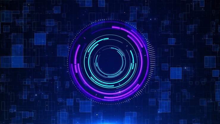Design futuristico di interfaccia digitale circolare su sfondo blu a griglia, interfaccia digitale circolare