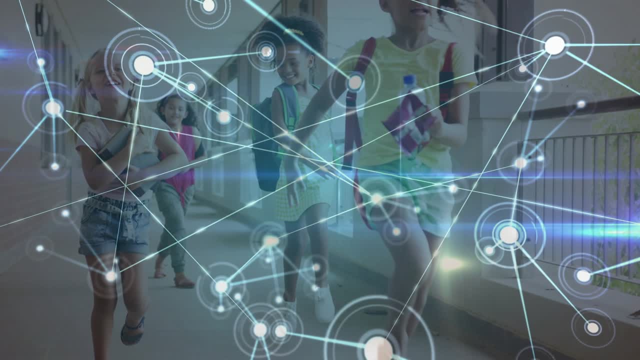 Four schoolgirls running down corridor activating network overlay glowing nodes for education tech