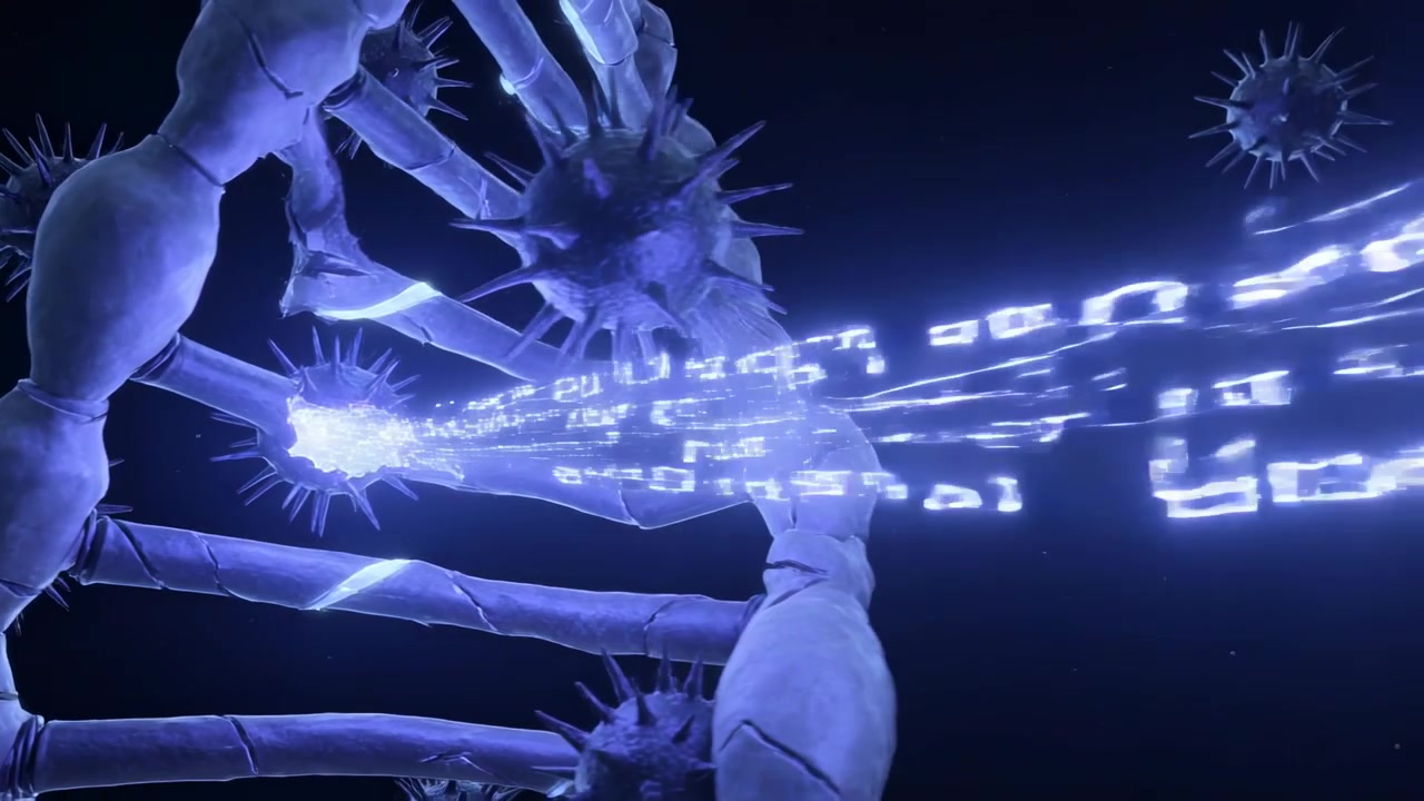 Emitting bright helix node sending glyph ribbon through dark void, sending gene code amid spikes
