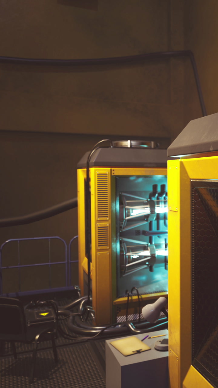 Yellow machines hum in a blue lit industrial space