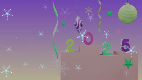 Animation-Von-Schneeflocken-über-2025-Text-Und-Dekorationen-Auf-Violettem-Hintergrund
