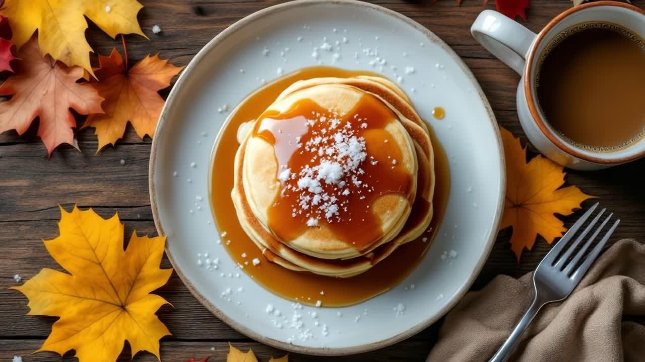 Stack of fluffy pancakes covered in caramel sauce, sprinkled with powdered sugar, accompanied by a cup of coffee, embodying the warmth and flavors of autumn