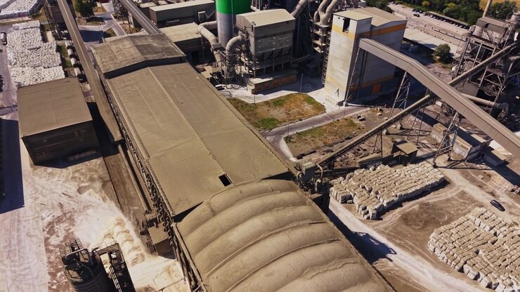 Industrial area with warehouses and transport vehicles near a factory