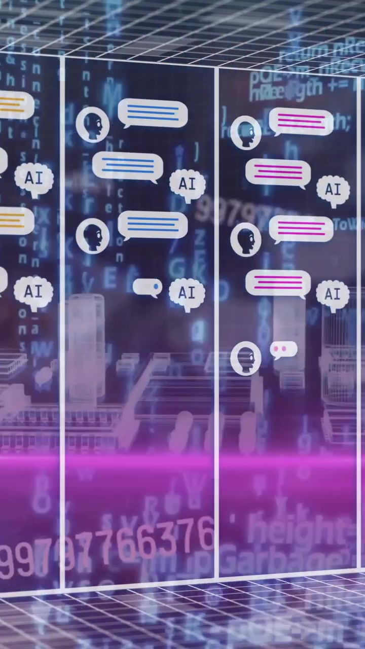 Animation of chat boxes with ai texts, computer language and numbers over 3d model of buildings