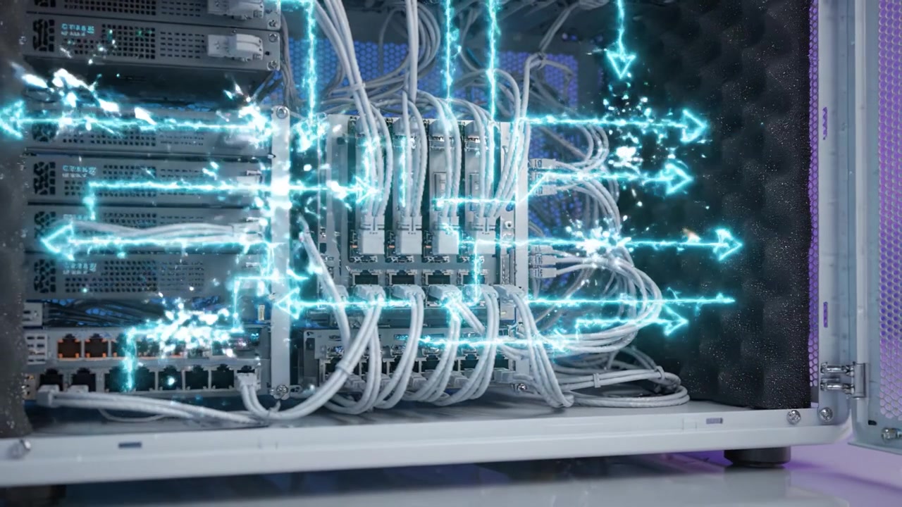 Advanced Network Server Rack with Illuminated Cables and Components Showcasing Modern Technology in a Sleek, Futuristic Design with a Refined Aesthetic Appeal