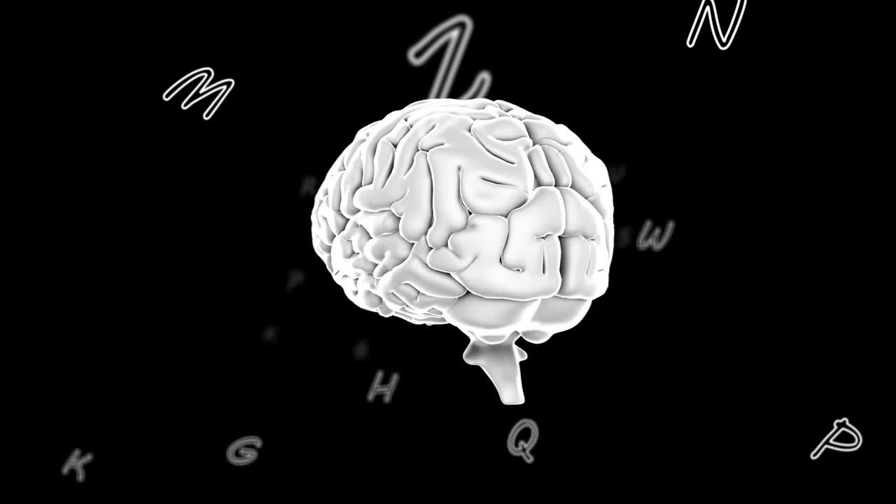 animación de letras y números que cambian con el giro del cerebro humano