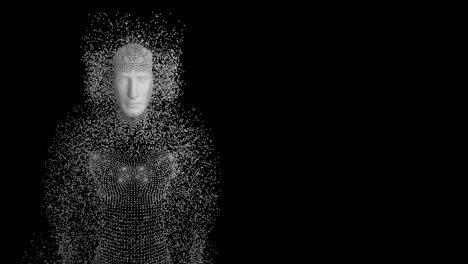animación de partículas blancas que forman un modelo de cuerpo humano contra el espacio de copia en fondo negro