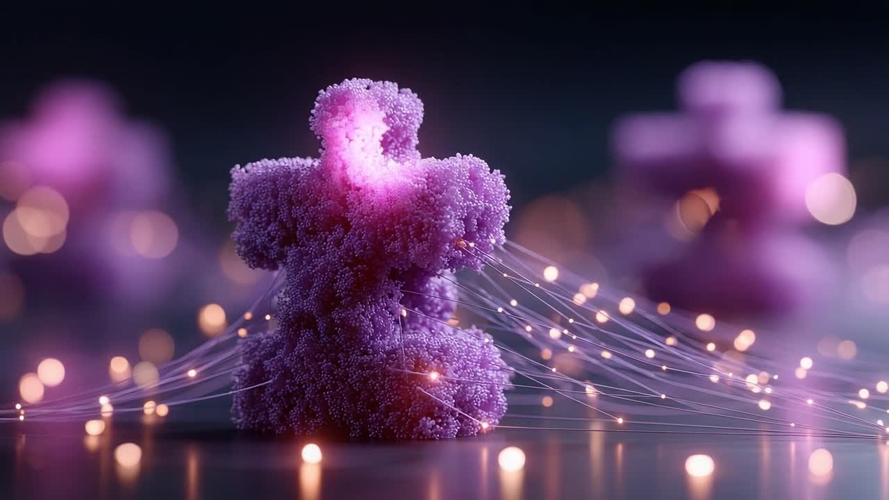 Intricate Close-up of a Vivid Purple Puzzle Piece Illuminated by Delicate Light Trails, Capturing a Blend of Creativity and Imagination in a Stunning Visual Display