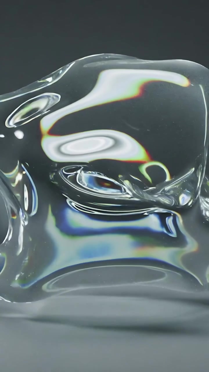 Vertical video: Morphing glass droplet spreading on mirror as gravity acts, showing rainbow bands