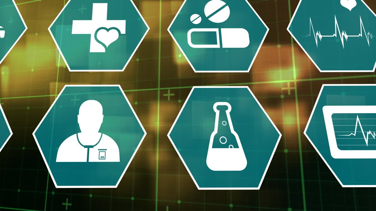 노란색 디지털 공간 위에 육각형으로 과학 아이콘의 애니메이션